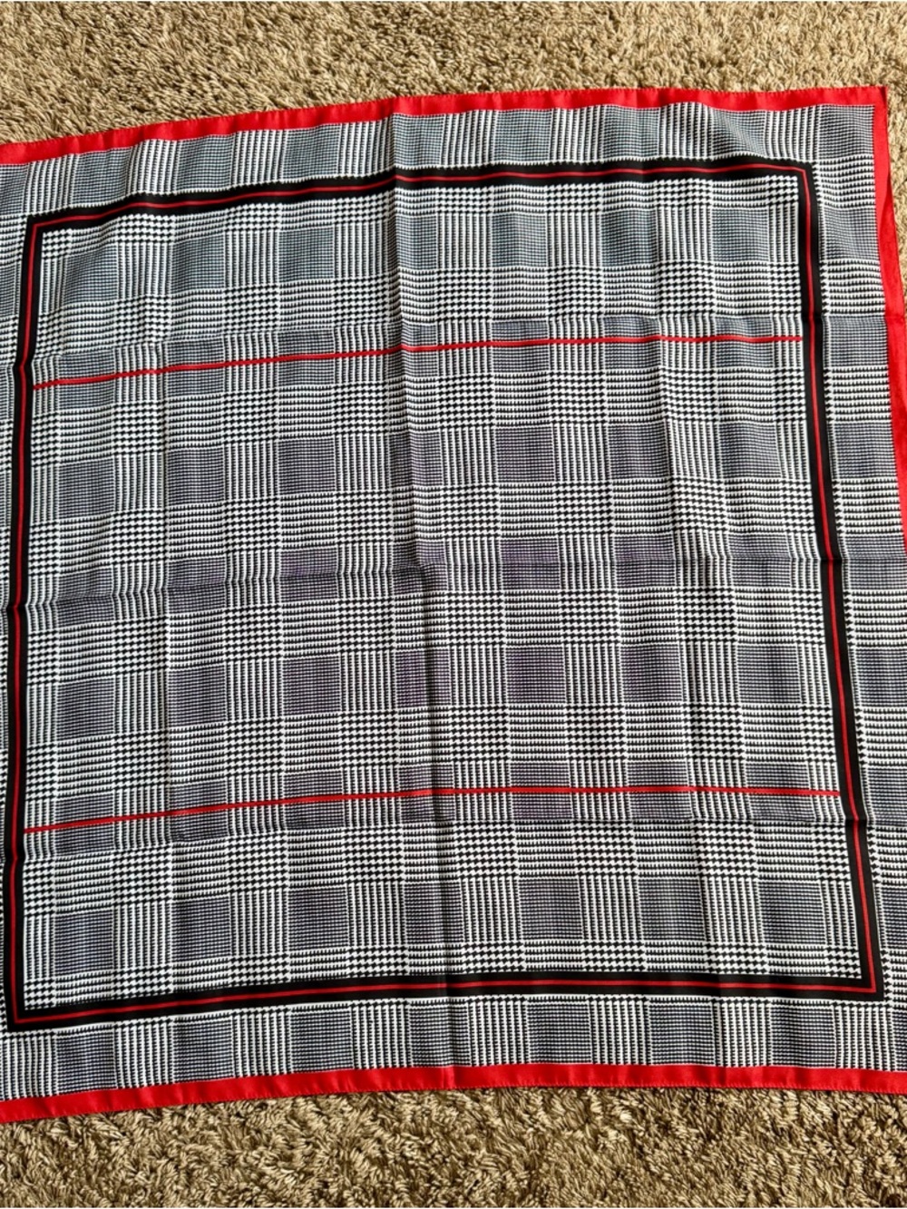 Honig Scarves Italian Vintage Black & White Glen Plaid Scarf With Red Trim